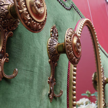 Load image into Gallery viewer, x SOLD Antique French Coat Rack with Four Large Hooks Green Velvet Backing and Oval Mirror. B12796
