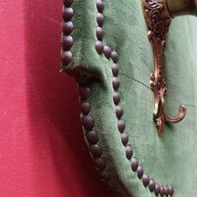 Load image into Gallery viewer, x SOLD Antique French Coat Rack with Four Large Hooks Green Velvet Backing and Oval Mirror. B12796
