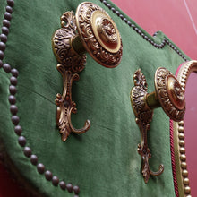 Load image into Gallery viewer, x SOLD Antique French Coat Rack with Four Large Hooks Green Velvet Backing and Oval Mirror. B12796
