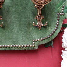 Load image into Gallery viewer, x SOLD Antique French Coat Rack with Four Large Hooks Green Velvet Backing and Oval Mirror. B12796
