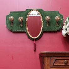 Load image into Gallery viewer, x SOLD Antique French Coat Rack with Four Large Hooks Green Velvet Backing and Oval Mirror. B12796
