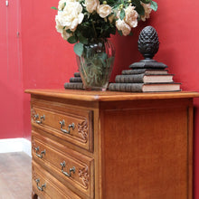 Load image into Gallery viewer, x SOLD Vintage French Chest of Three Drawers with Metal Handles and Carved End Detail. B12772
