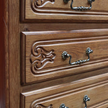 Load image into Gallery viewer, x SOLD Vintage French Chest of Three Drawers with Metal Handles and Carved End Detail. B12772
