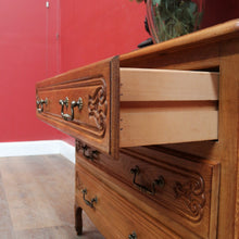 Load image into Gallery viewer, x SOLD Vintage French Chest of Three Drawers with Metal Handles and Carved End Detail. B12772
