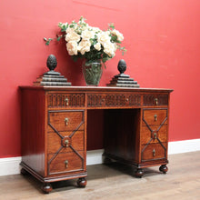 Load image into Gallery viewer, Antique English Oak Office Desk with Brown Leather Top and Brass Handles. B12375
