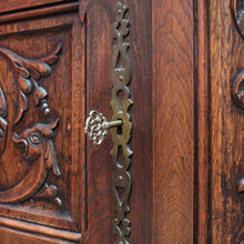 Load image into Gallery viewer, Antique French Two Door Oak Cabinet with Drawers Tier Base Carved Detail and Key. B12852
