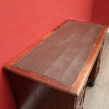 Load image into Gallery viewer, Antique English Oak Office Desk with Brown Leather Top and Brass Handles. B12375

