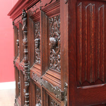 Load image into Gallery viewer, x SOLD Antique French Gothic Revival Cabinet with Intricate Carved Panels Linen Fold Sides Adjustable Shelves and Key. B12717
