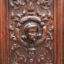 Load image into Gallery viewer, x SOLD Antique French Gothic Revival Cabinet with Intricate Carved Panels Linen Fold Sides Adjustable Shelves and Key. B12717
