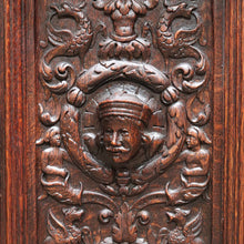 Load image into Gallery viewer, x SOLD Antique French Gothic Revival Cabinet with Intricate Carved Panels Linen Fold Sides Adjustable Shelves and Key. B12717
