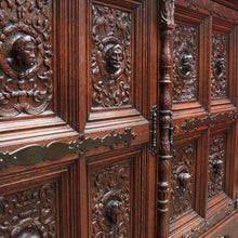 Load image into Gallery viewer, x SOLD Antique French Gothic Revival Cabinet with Intricate Carved Panels Linen Fold Sides Adjustable Shelves and Key. B12717
