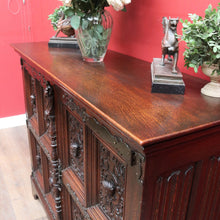 Load image into Gallery viewer, x SOLD Antique French Gothic Revival Cabinet with Intricate Carved Panels Linen Fold Sides Adjustable Shelves and Key. B12717
