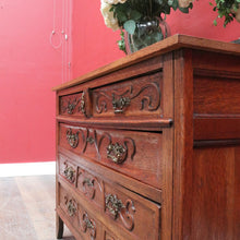 Load image into Gallery viewer, x SOLD Antique French Oak Art Nouveau Chest of Drawers with Brass Handles and Carved Door Detail. B12866
