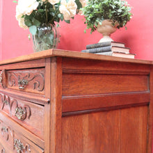Load image into Gallery viewer, x SOLD Antique French Oak Art Nouveau Chest of Drawers with Brass Handles and Carved Door Detail. B12866
