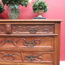 Load image into Gallery viewer, x SOLD Antique French Oak Art Nouveau Chest of Drawers with Brass Handles and Carved Door Detail. B12866
