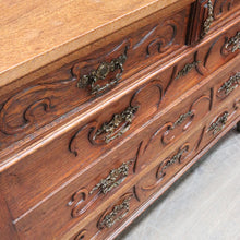 Load image into Gallery viewer, x SOLD Antique French Oak Art Nouveau Chest of Drawers with Brass Handles and Carved Door Detail. B12866

