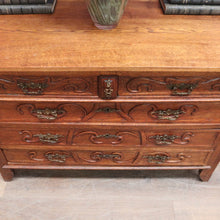Load image into Gallery viewer, x SOLD Antique French Oak Art Nouveau Chest of Drawers with Brass Handles and Carved Door Detail. B12866
