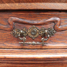 Load image into Gallery viewer, x SOLD Antique French Oak Art Nouveau Chest of Drawers with Brass Handles and Carved Door Detail. B12866
