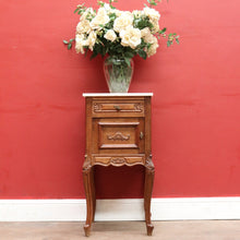 Load image into Gallery viewer, French Bedside Cabinet with Marble Top Drawer and Cupboard Storage Cabriole Legs and Carved Detail. B12741
