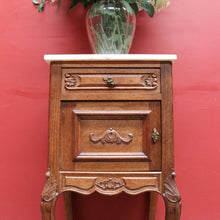 Load image into Gallery viewer, French Bedside Cabinet with Marble Top Drawer and Cupboard Storage Cabriole Legs and Carved Detail. B12741
