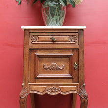 Load image into Gallery viewer, French Bedside Cabinet with Marble Top Drawer and Cupboard Storage Cabriole Legs and Carved Detail. B12741
