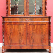 Load image into Gallery viewer, Antique English Flame Mahogany Two Part Bookcase Cabinet circa 1880. B13126
