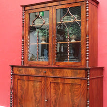 Load image into Gallery viewer, Antique English Flame Mahogany Two Part Bookcase Cabinet circa 1880. B13126
