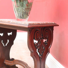 Load image into Gallery viewer, Antique French Trestle Style Side Table with Carved Pedestal Decorative Stretcher and Marble Insert Top. B12847
