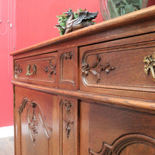 Load image into Gallery viewer, x SOLD French Oak Sideboard with Two Doors Two Drawers Brass Handles Key and Elaborate Carved Detail. B12701
