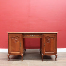 Load image into Gallery viewer, French Oak Office or Study Desk with Drawer Two Cupboards Panelled Sides and Scalloped Apron. B12822
