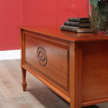 Load image into Gallery viewer, Vintage Australian Maple Lift Lid Blanket Box with Carved Floral Medallion Panel. B13125
