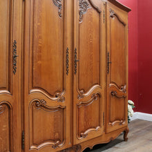 Load image into Gallery viewer, x SOLD Antique French Oak Wardrobe or Armoire with Four Doors Hanging Storage Shelves Carved Detail and Keys. B12804
