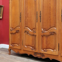 Load image into Gallery viewer, x SOLD Antique French Oak Wardrobe or Armoire with Four Doors Hanging Storage Shelves Carved Detail and Keys. B12804
