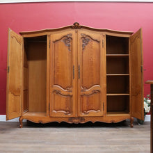 Load image into Gallery viewer, x SOLD Antique French Oak Wardrobe or Armoire with Four Doors Hanging Storage Shelves Carved Detail and Keys. B12804
