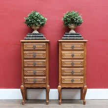 Load image into Gallery viewer, French Oak Vintage Five Drawer Lingerie Chest or Tallboy with Scroll Carving and Gilt Fretwork Handles. B12809
