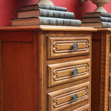 Load image into Gallery viewer, French Oak Vintage Five Drawer Lingerie Chest or Tallboy with Scroll Carving and Gilt Fretwork Handles. B12809
