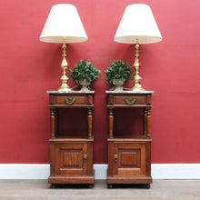 Load image into Gallery viewer, Pair of French Oak Bedside Cabinets with Marble Tops Turned Supports Brass Handles and Cupboard Storage. B12740
