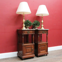 Load image into Gallery viewer, Pair of French Oak Bedside Cabinets with Marble Tops Turned Supports Brass Handles and Cupboard Storage. B12740
