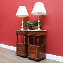 Load image into Gallery viewer, Pair of French Oak Bedside Cabinets with Marble Tops Turned Supports Brass Handles and Cupboard Storage. B12740
