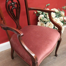 Load image into Gallery viewer, x SOLD Antique English Armchair, Hall or Bedroom Chair. Walnut, Inlay and Velvet fabric. B12452
