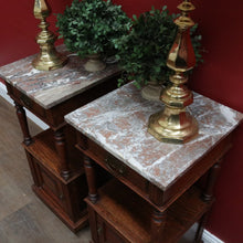 Load image into Gallery viewer, Pair of French Oak Bedside Cabinets with Marble Tops Turned Supports Brass Handles and Cupboard Storage. B12740
