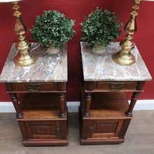 Load image into Gallery viewer, Pair of French Oak Bedside Cabinets with Marble Tops Turned Supports Brass Handles and Cupboard Storage. B12740
