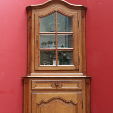 Load image into Gallery viewer, French Oak Corner Cabinet Encoignure with Bombe Cornice Glass Panel Doors Drawer and Lower Storage. B12734
