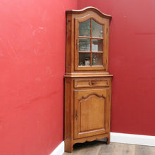 Load image into Gallery viewer, French Oak Corner Cabinet Encoignure with Bombe Cornice Glass Panel Doors Drawer and Lower Storage. B12734
