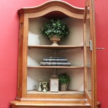 Load image into Gallery viewer, French Oak Corner Cabinet Encoignure with Bombe Cornice Glass Panel Doors Drawer and Lower Storage. B12734
