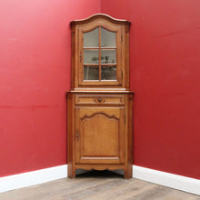Load image into Gallery viewer, French Oak Corner Cabinet Encoignure with Bombe Cornice Glass Panel Doors Drawer and Lower Storage. B12734
