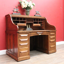 Load image into Gallery viewer, Antique American Oak Cutler Roll Top Twin Pedestal Desk, Office Desk. B13129
