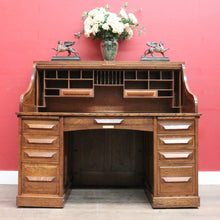 Load image into Gallery viewer, Antique American Oak Cutler Roll Top Twin Pedestal Desk, Office Desk. B13129
