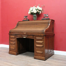 Load image into Gallery viewer, Antique American Oak Cutler Roll Top Twin Pedestal Desk, Office Desk. B13129
