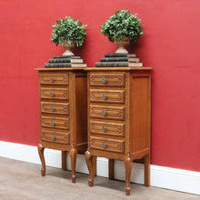 Load image into Gallery viewer, Pair of Vintage French Oak Five Drawer Chest or Lingerie Chest with Carved Detail Shaped Apron and Gilt Metal Handles. B12808
